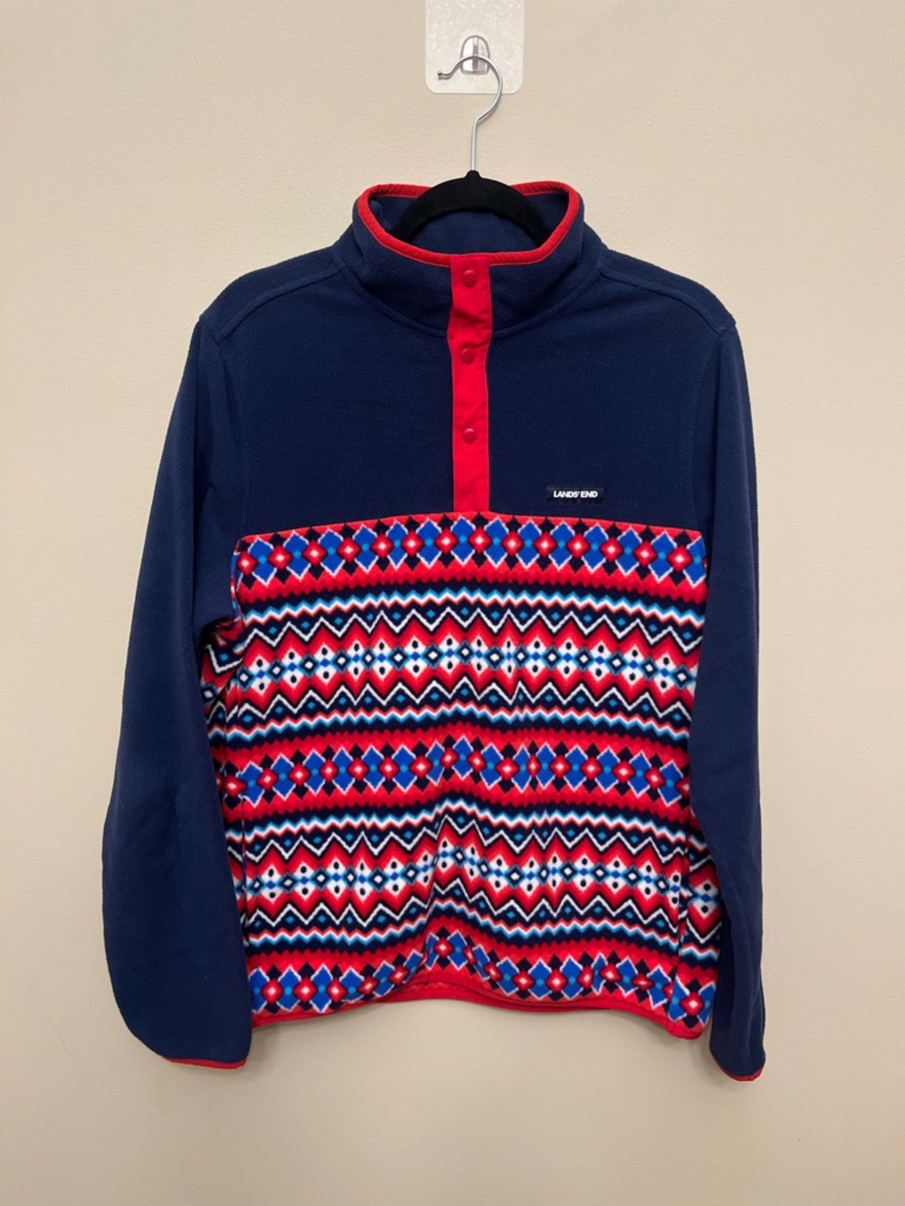 Lands' End Heritage Fleece Snap Neck Pullover Unisex Medium 38-40 Red White Blue